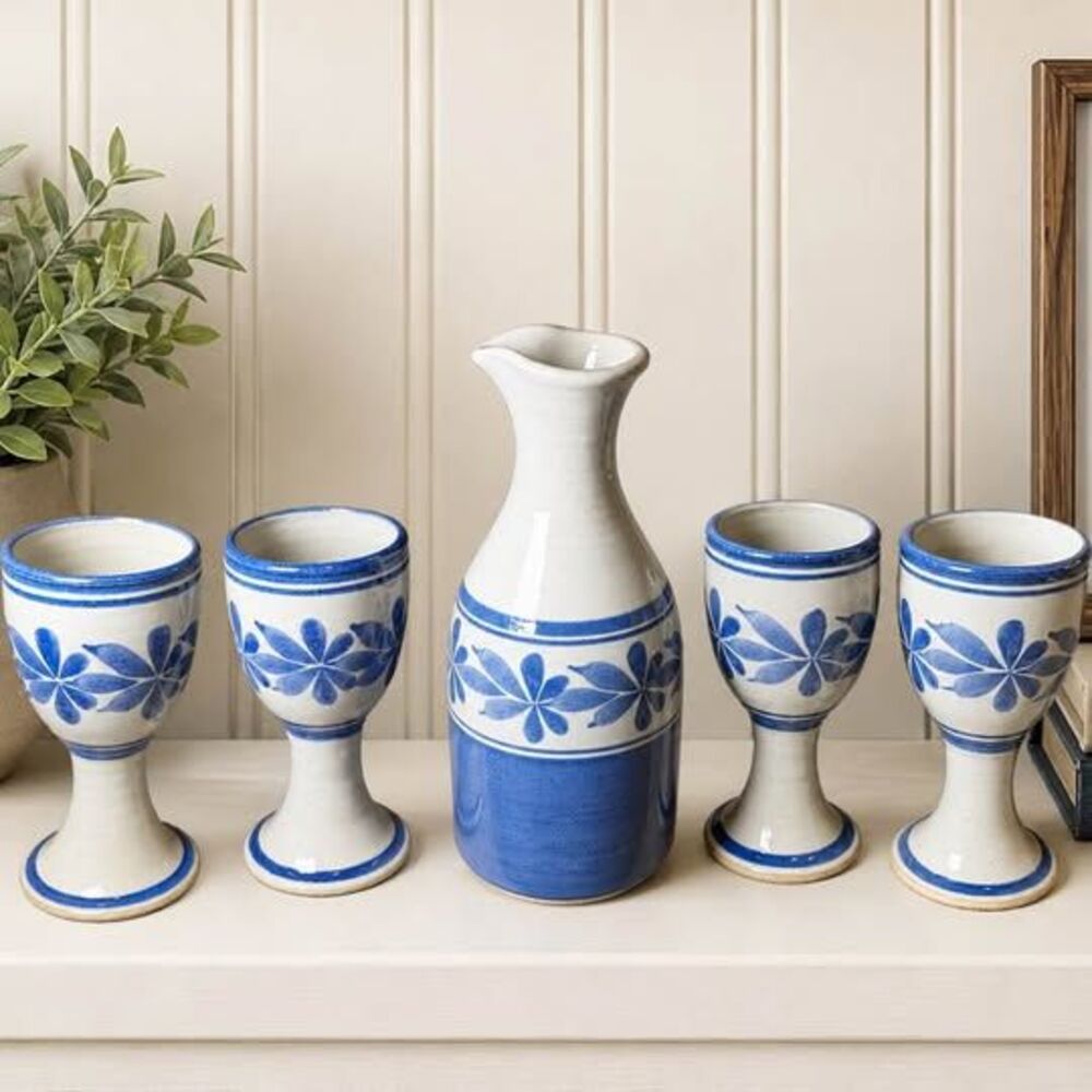 Vintage 1989 Signed Studio Pottery Wine Set – Carafe + 5 Goblets